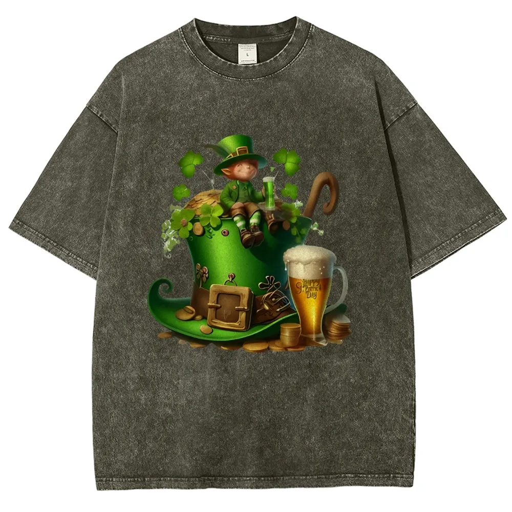 Unisex Vintage Happy St. Patrick's Day Cheer with Beer Graphic Washed Tee