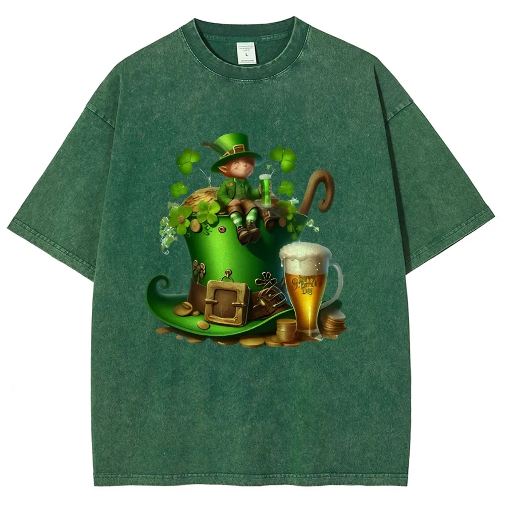 Unisex Vintage Happy St. Patrick's Day Cheer with Beer Graphic Washed Tee