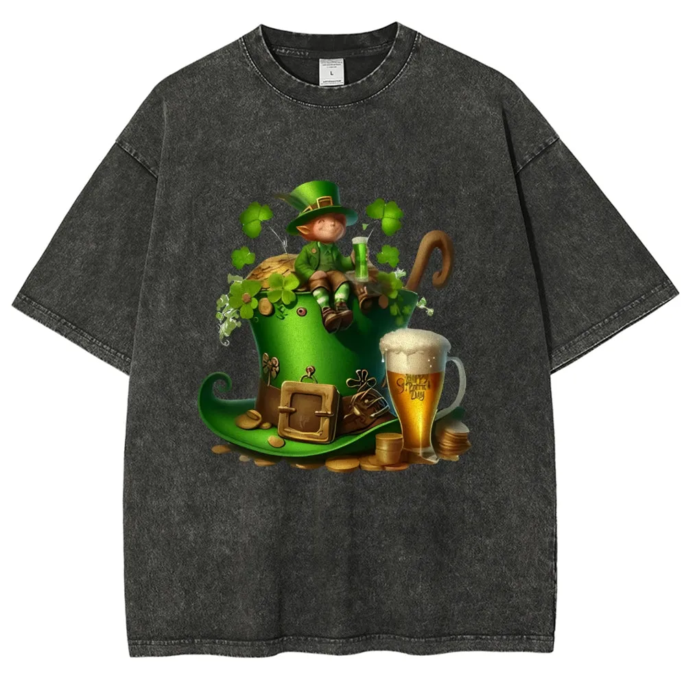 Unisex Vintage Happy St. Patrick's Day Cheer with Beer Graphic Washed Tee