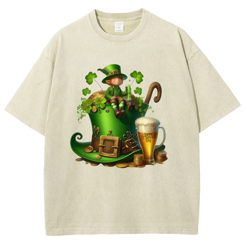 Unisex Vintage Happy St. Patrick's Day Cheer with Beer Graphic Washed Tee