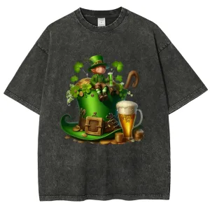 Unisex Vintage Happy St. Patrick's Day Cheer with Beer Graphic Washed Tee