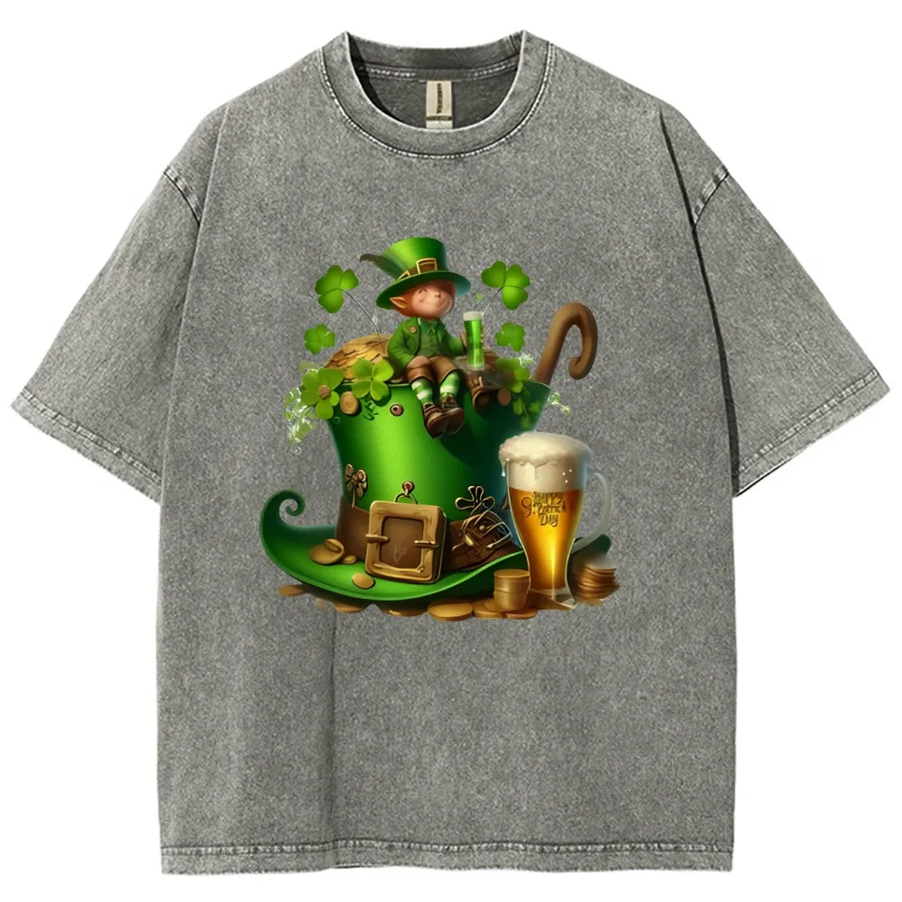 Unisex Vintage Happy St. Patrick's Day Cheer with Beer Graphic Washed Tee