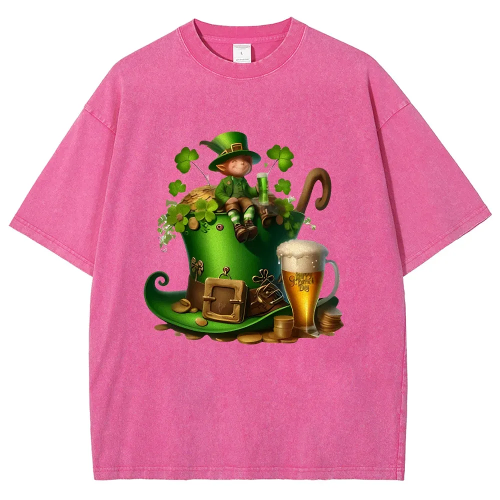 Unisex Vintage Happy St. Patrick's Day Cheer with Beer Graphic Washed Tee