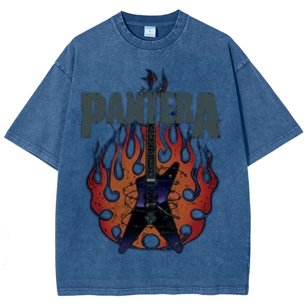 Unisex Vintage The Pantera Rock Band Print Short Sleeve Casual Graphic Washed T-shirt