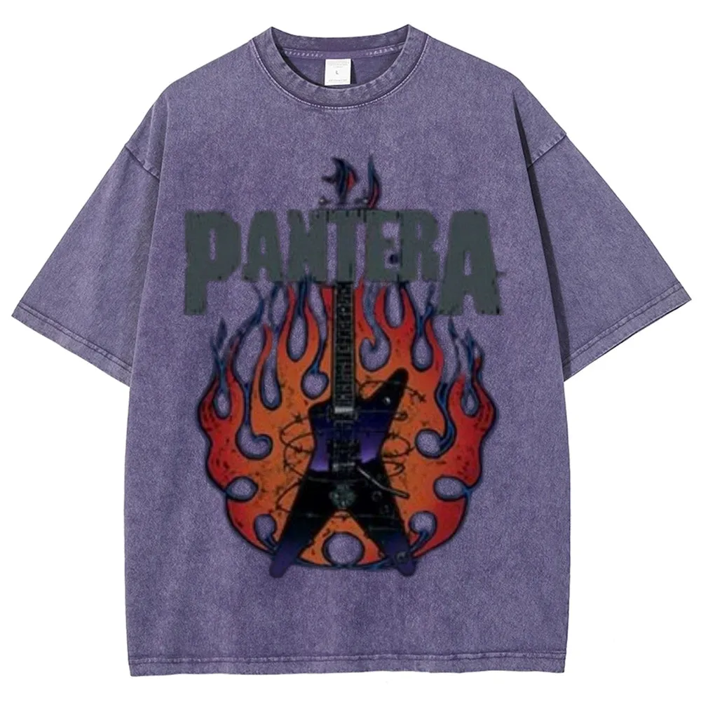 Unisex Vintage The Pantera Rock Band Print Short Sleeve Casual Graphic Washed T-shirt