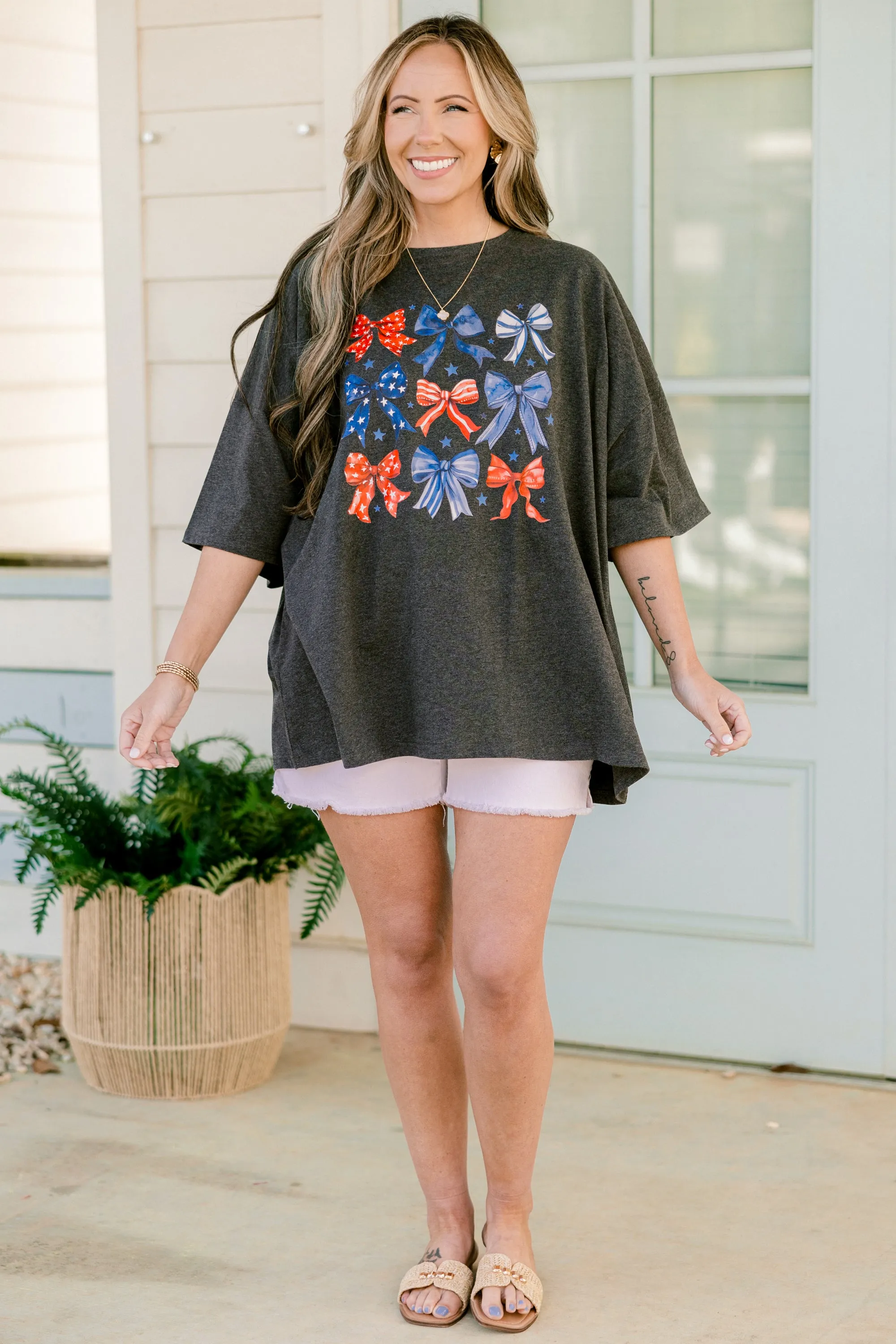 USA Bows Boyfriend Tee, Charcoal