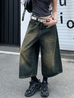 Vintage Ripped Denim Shorts with Wide Leg Cut