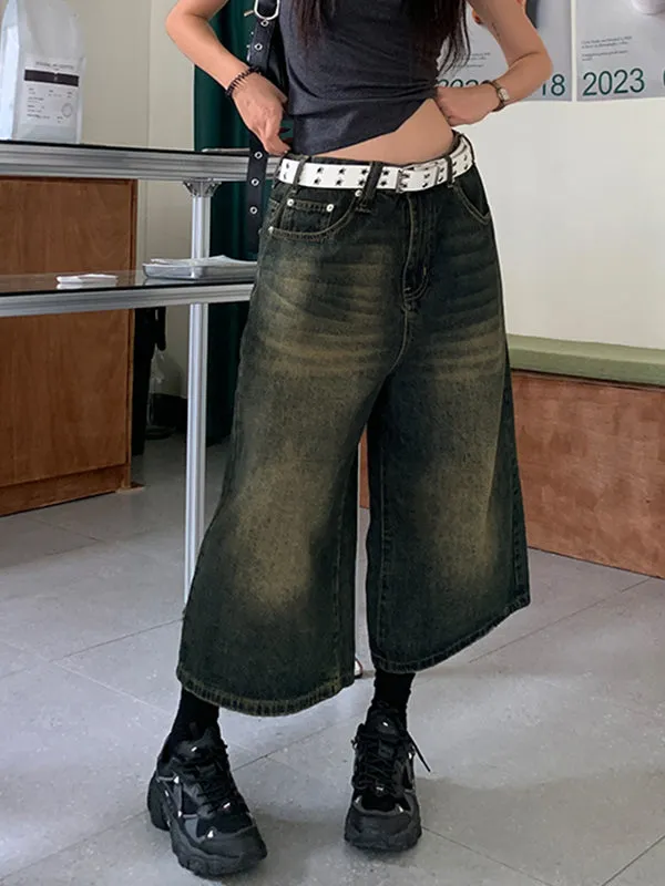 Vintage Ripped Denim Shorts with Wide Leg Cut