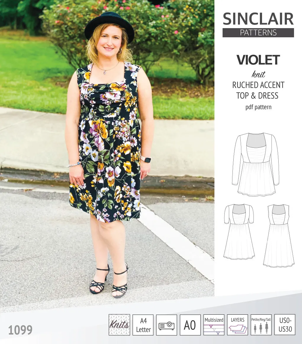 Violet ruched front accent top, tunic and dress for knit fabrics (PDF)