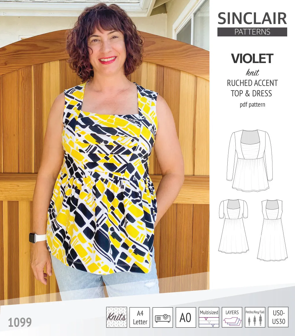 Violet ruched front accent top, tunic and dress for knit fabrics (PDF)