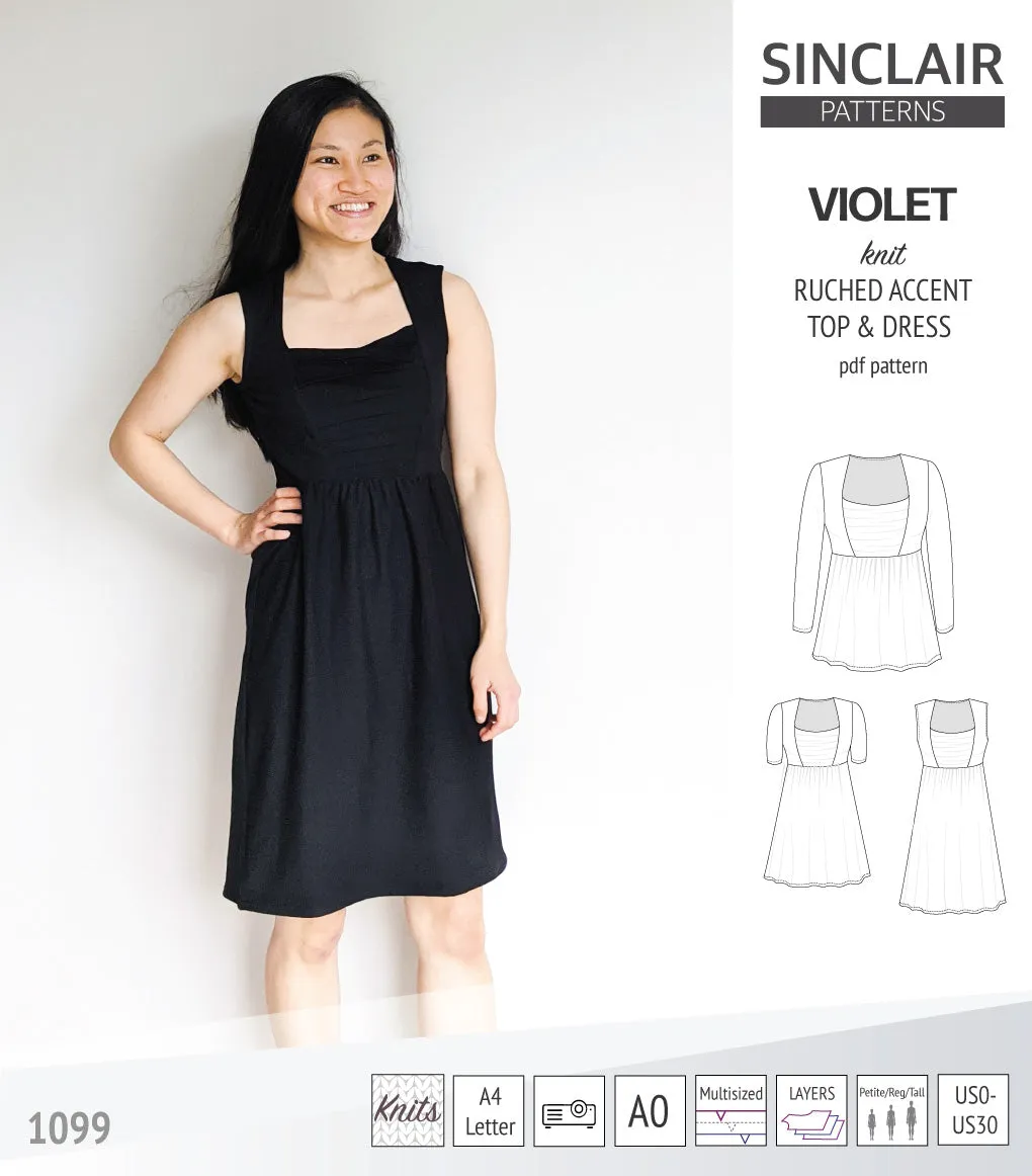 Violet ruched front accent top, tunic and dress for knit fabrics (PDF)
