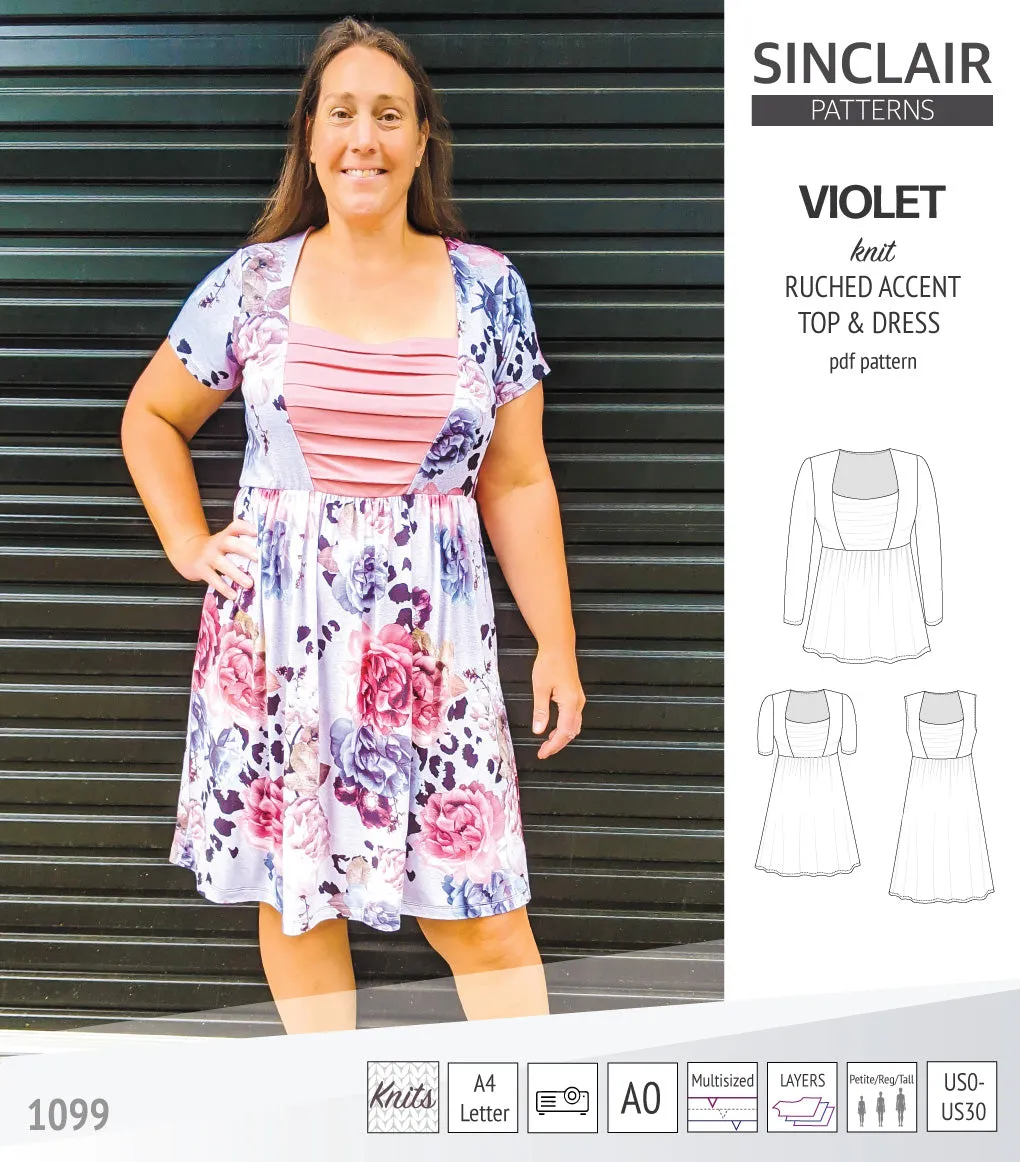 Violet ruched front accent top, tunic and dress for knit fabrics (PDF)