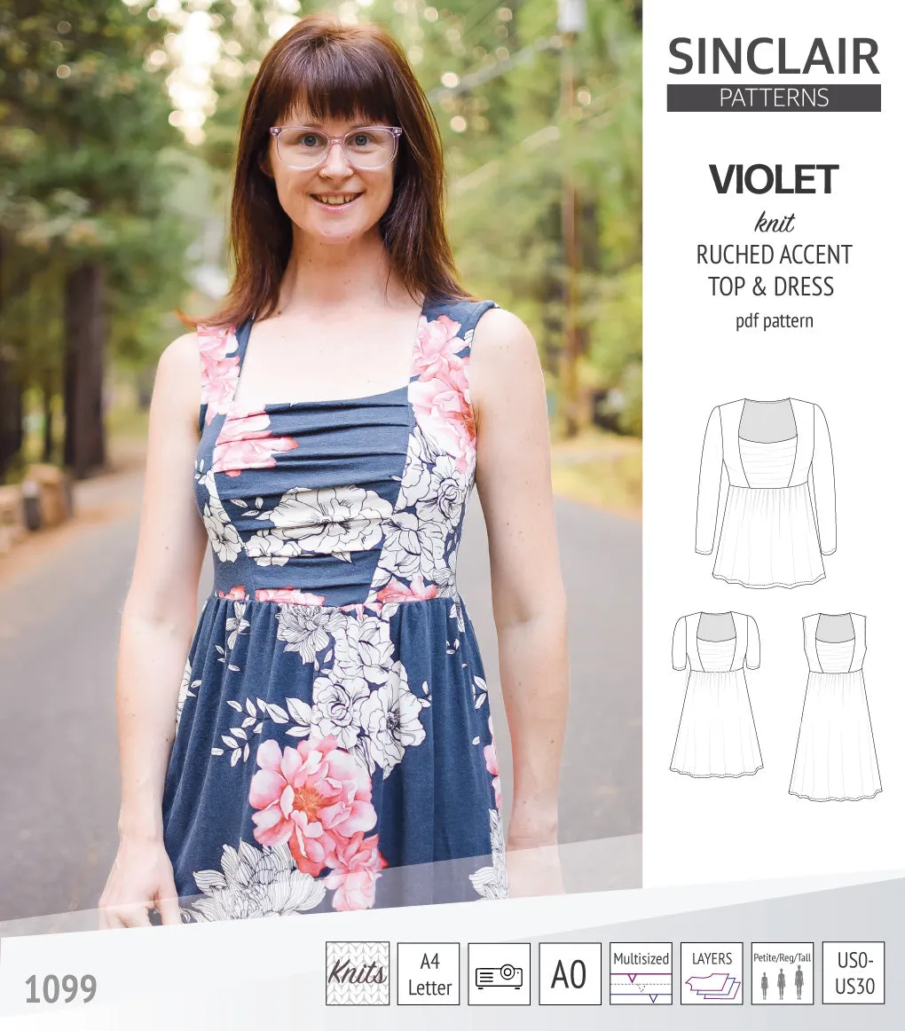 Violet ruched front accent top, tunic and dress for knit fabrics (PDF)