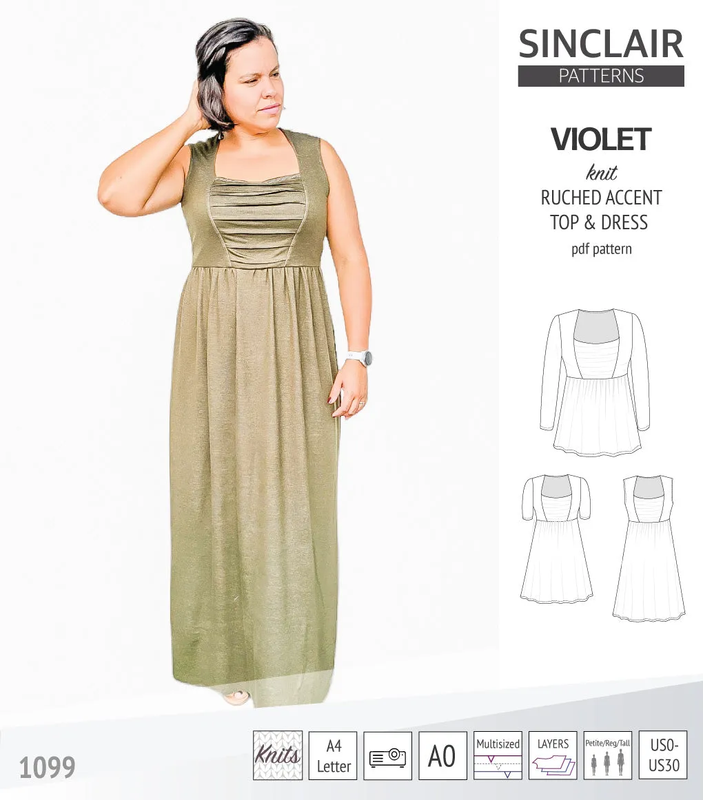 Violet ruched front accent top, tunic and dress for knit fabrics (PDF)