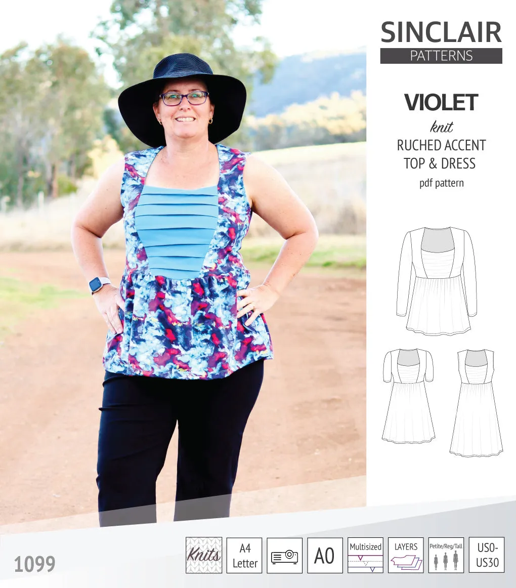 Violet ruched front accent top, tunic and dress for knit fabrics (PDF)