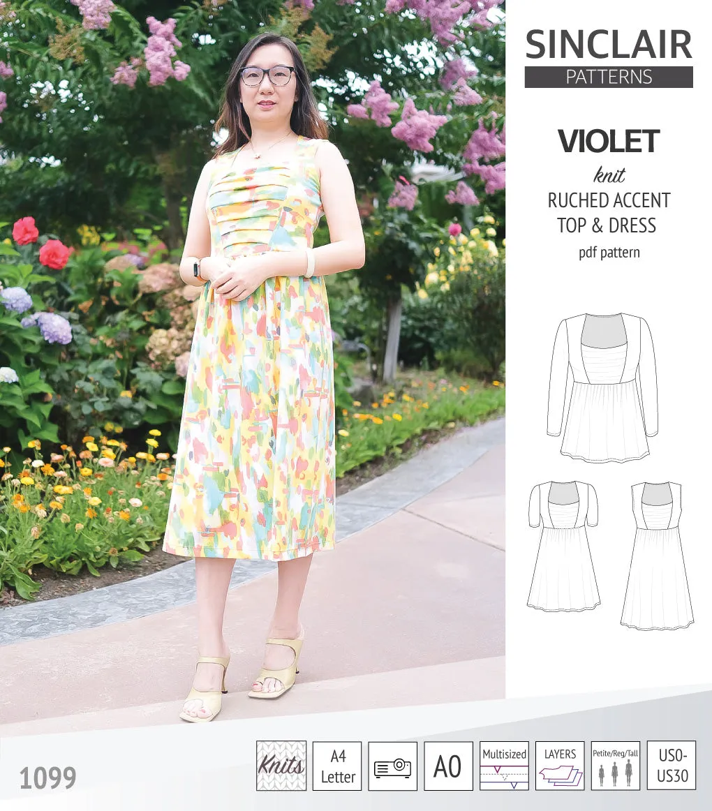Violet ruched front accent top, tunic and dress for knit fabrics (PDF)