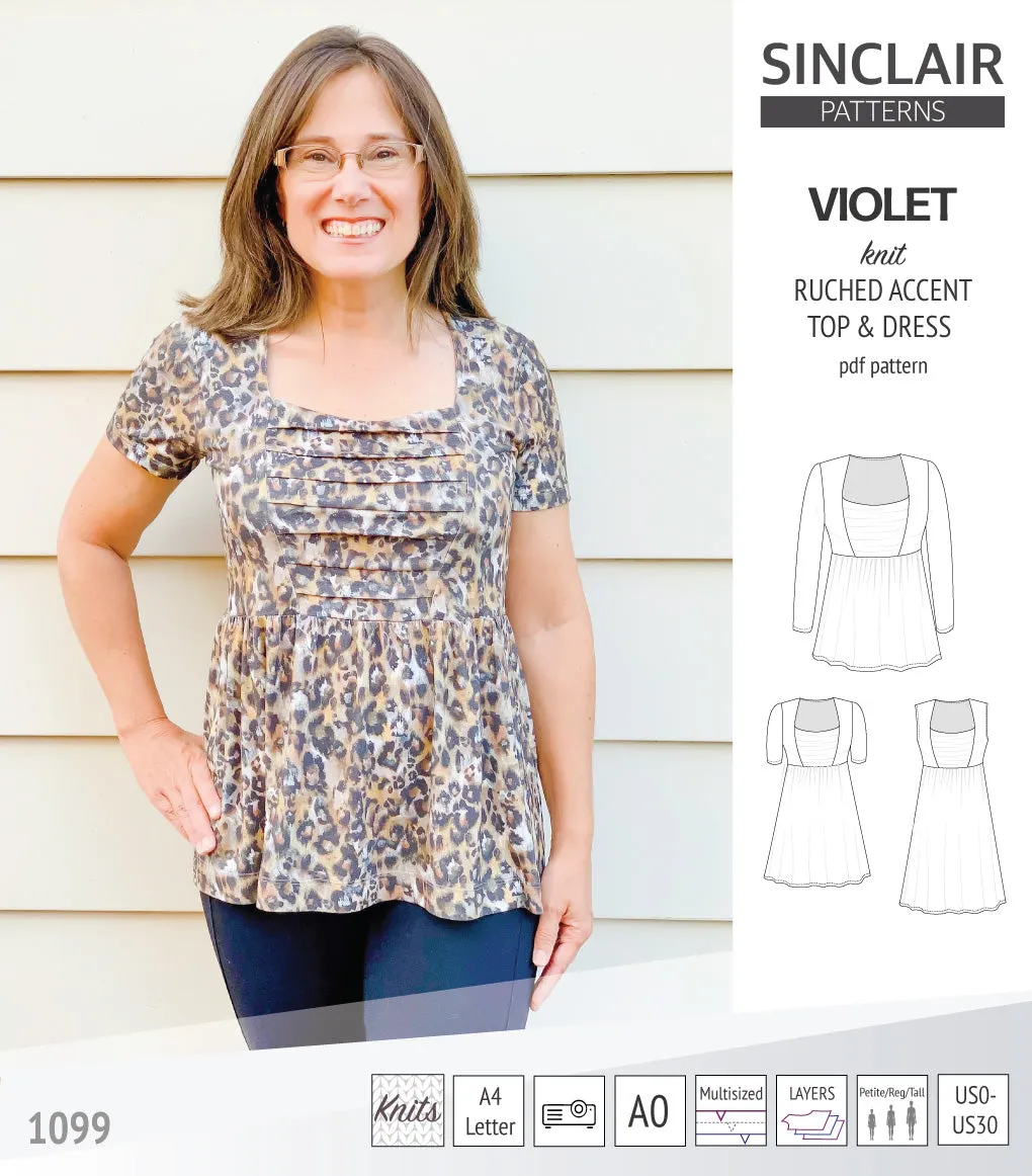 Violet ruched front accent top, tunic and dress for knit fabrics (PDF)