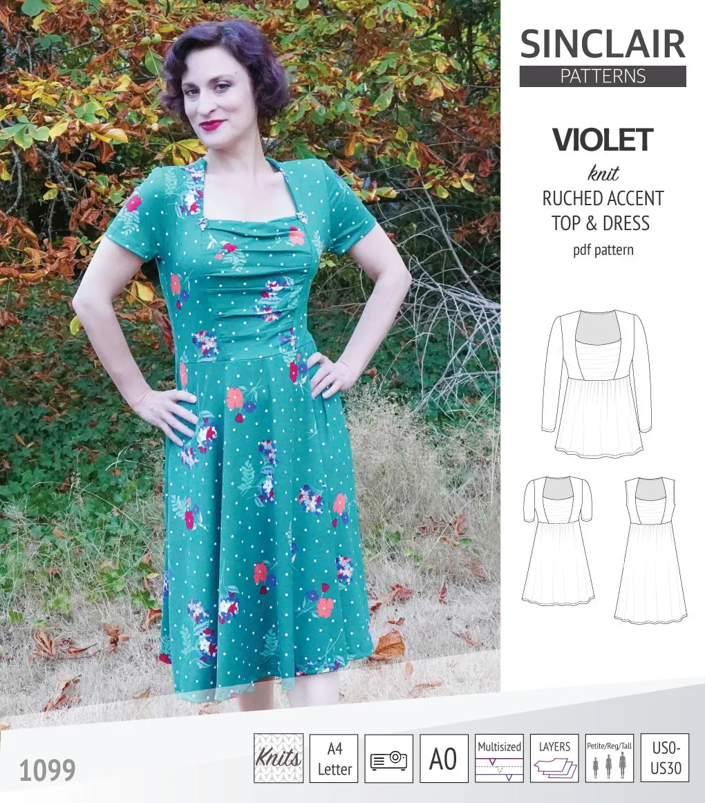 Violet ruched front accent top, tunic and dress for knit fabrics (PDF)