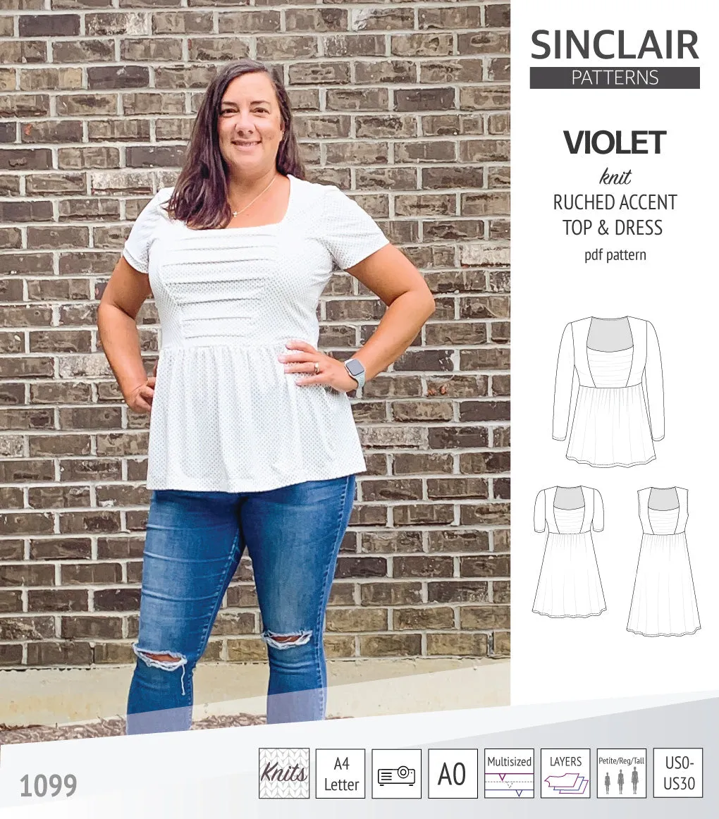 Violet ruched front accent top, tunic and dress for knit fabrics (PDF)