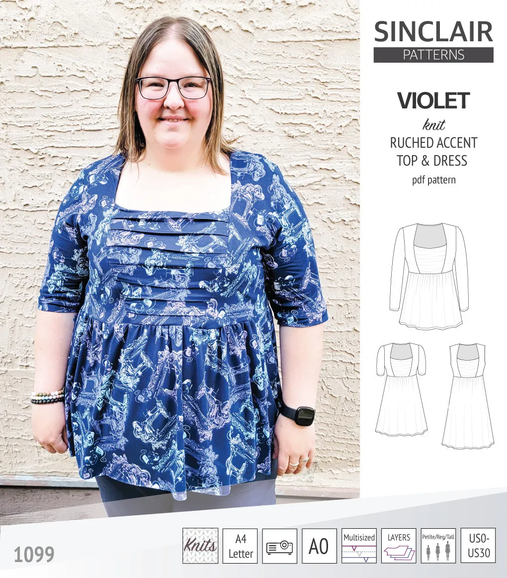 Violet ruched front accent top, tunic and dress for knit fabrics (PDF)