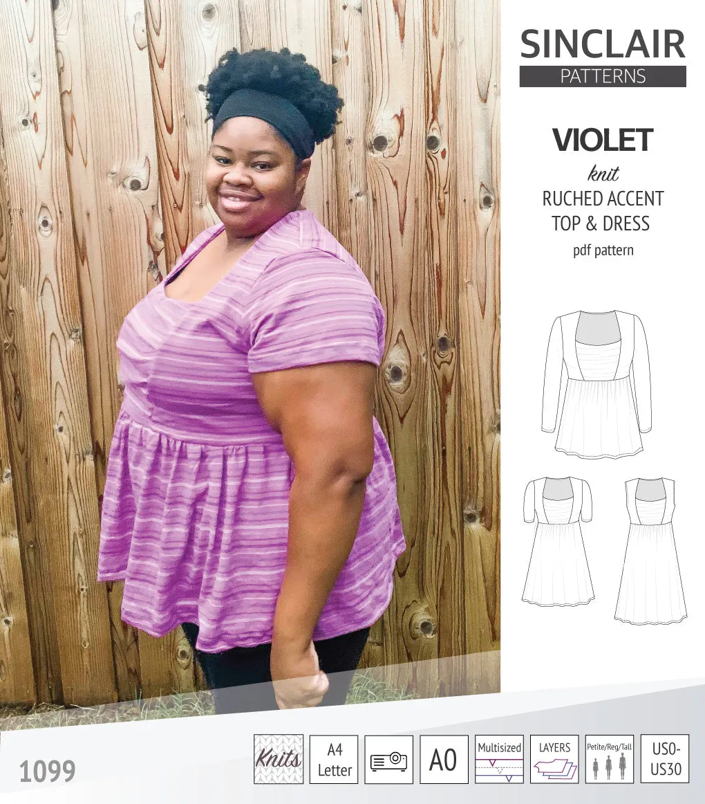 Violet ruched front accent top, tunic and dress for knit fabrics (PDF)
