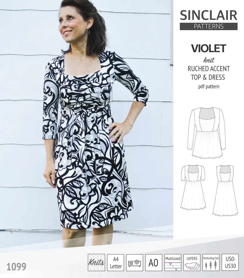 Violet ruched front accent top, tunic and dress for knit fabrics (PDF)