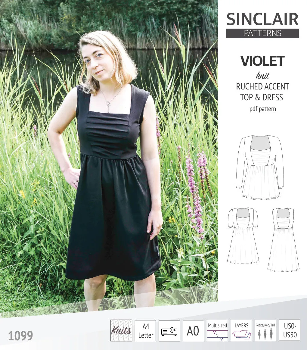 Violet ruched front accent top, tunic and dress for knit fabrics (PDF)