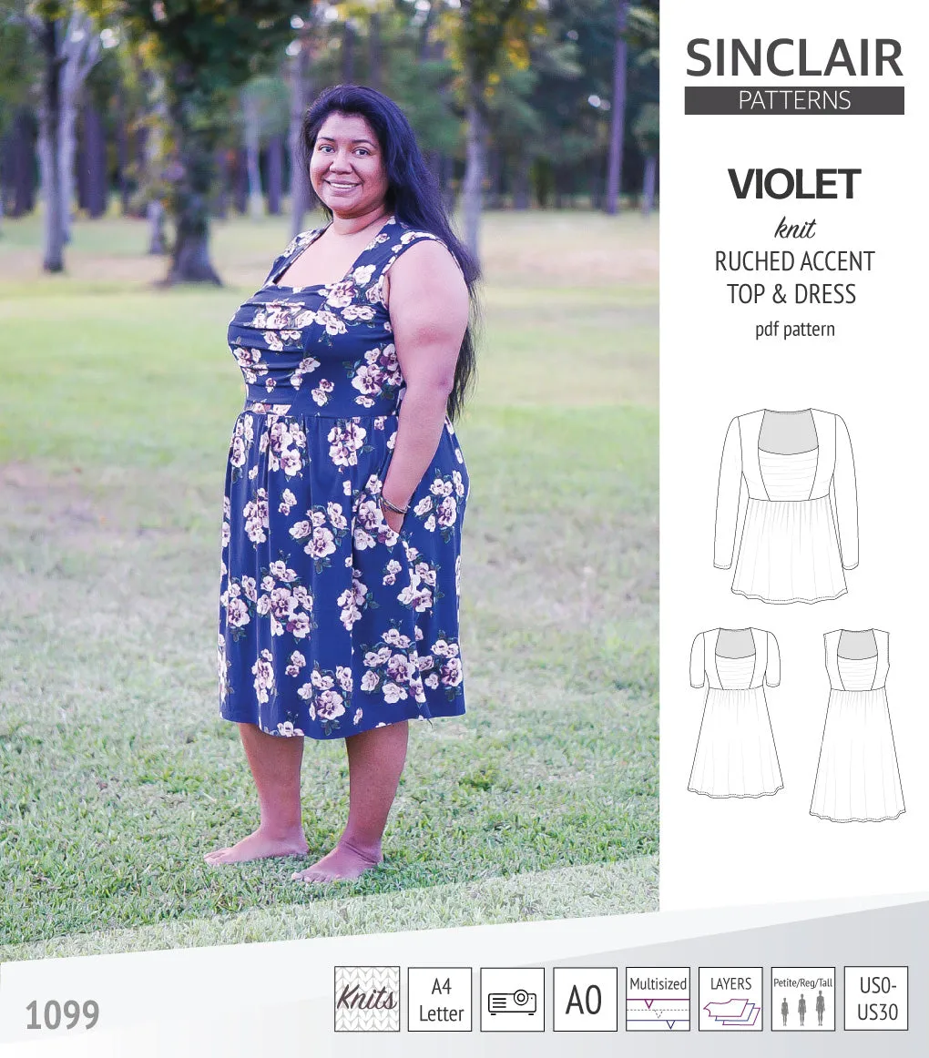 Violet ruched front accent top, tunic and dress for knit fabrics (PDF)