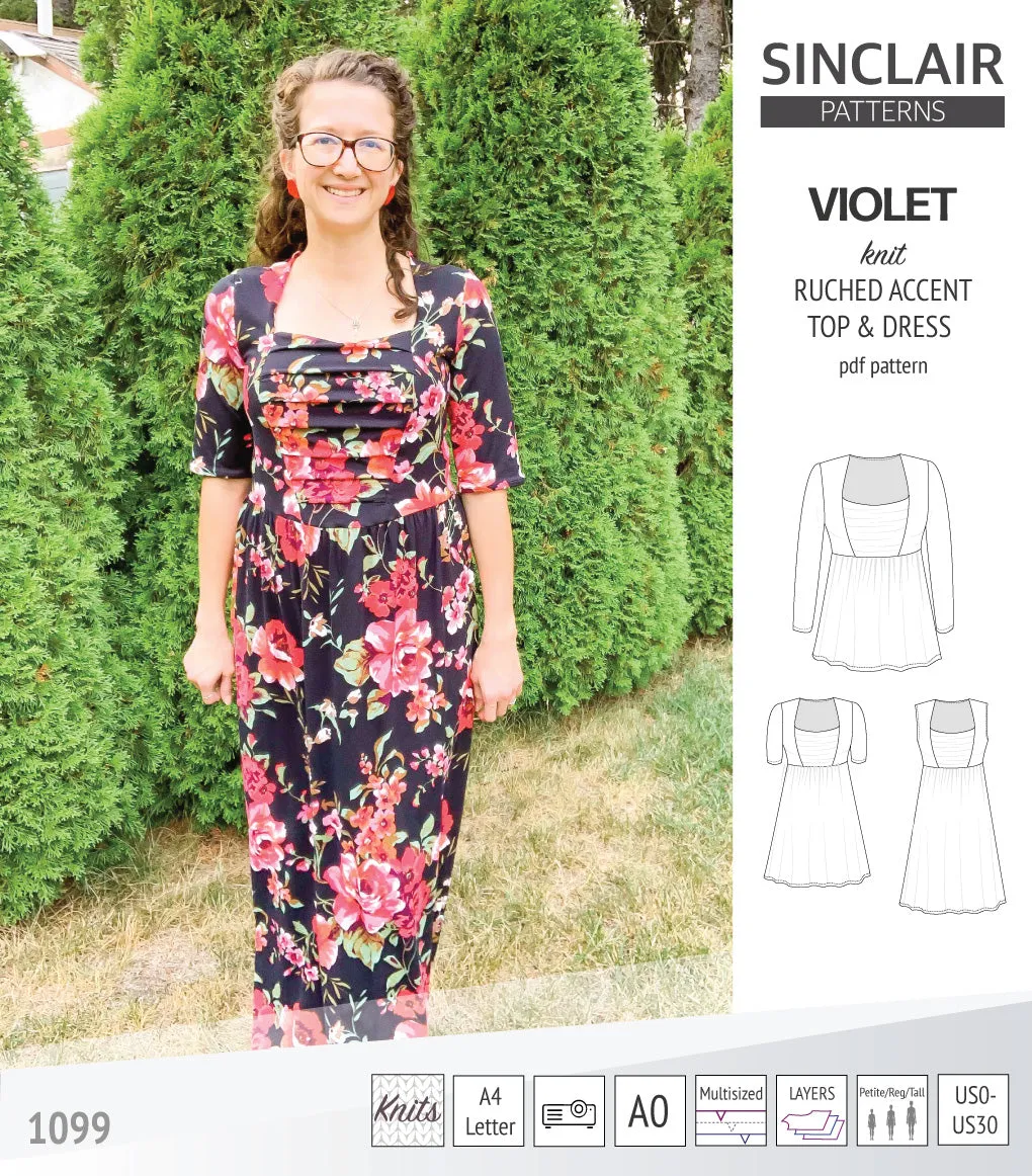 Violet ruched front accent top, tunic and dress for knit fabrics (PDF)