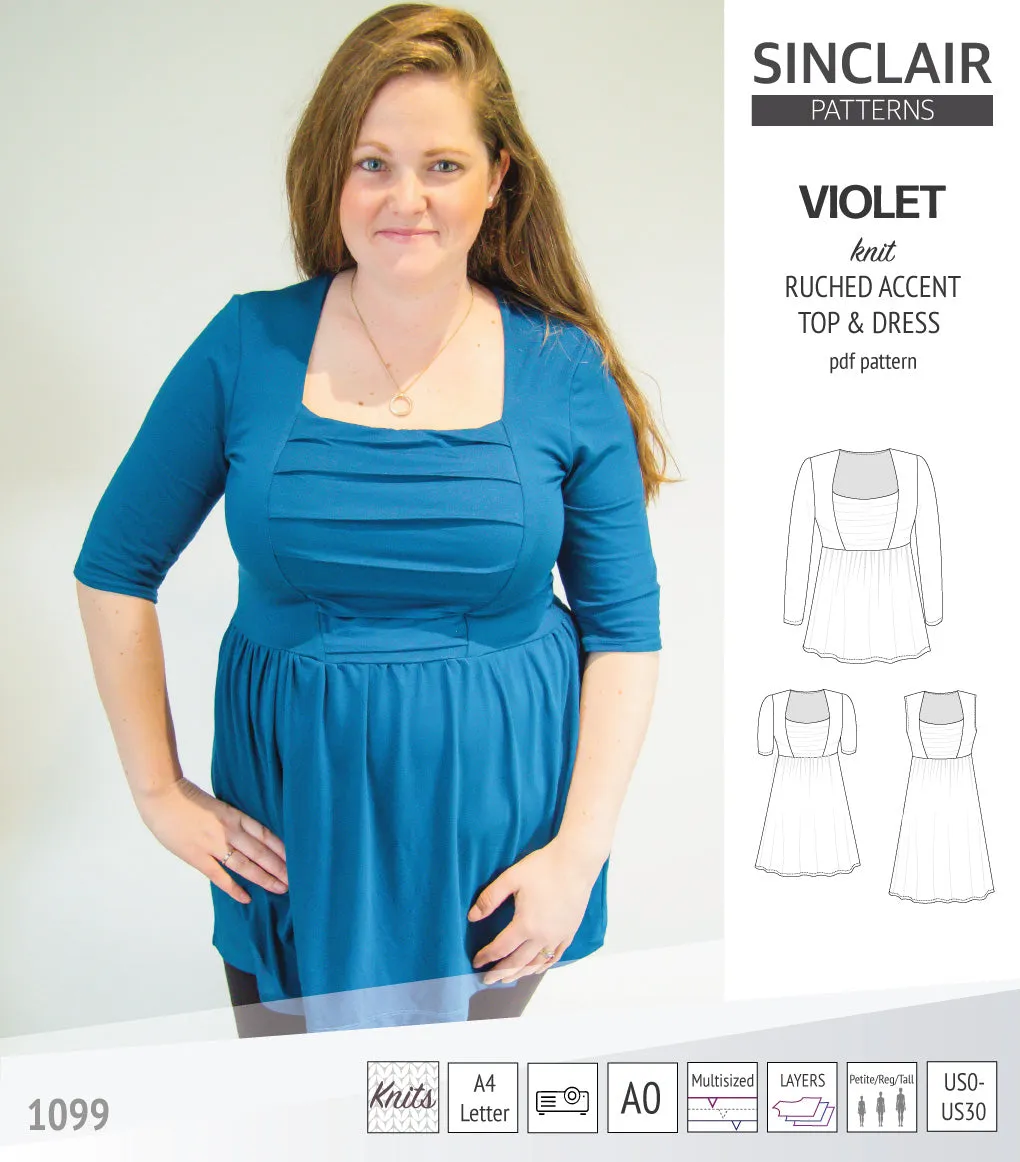 Violet ruched front accent top, tunic and dress for knit fabrics (PDF)