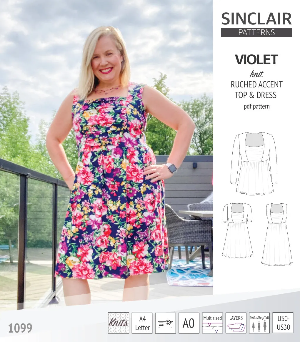 Violet ruched front accent top, tunic and dress for knit fabrics (PDF)