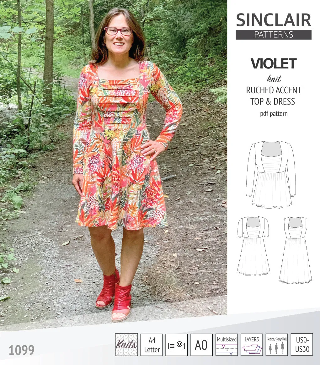 Violet ruched front accent top, tunic and dress for knit fabrics (PDF)