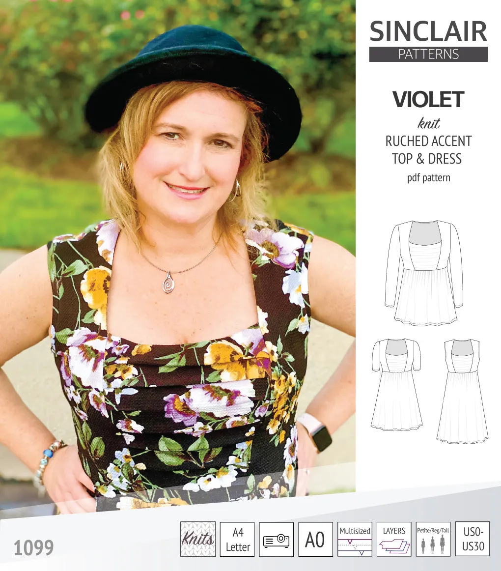 Violet ruched front accent top, tunic and dress for knit fabrics (PDF)
