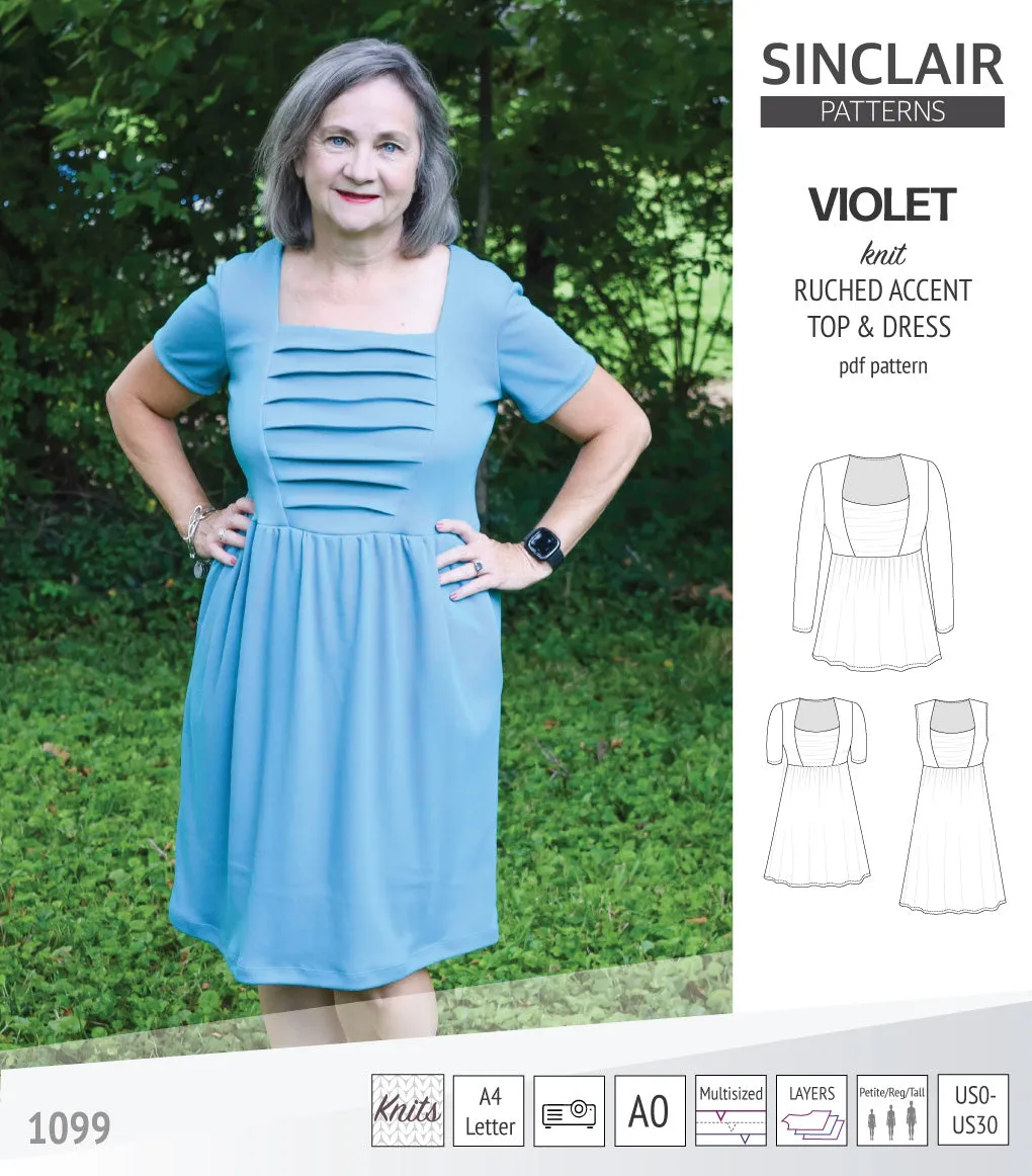Violet ruched front accent top, tunic and dress for knit fabrics (PDF)
