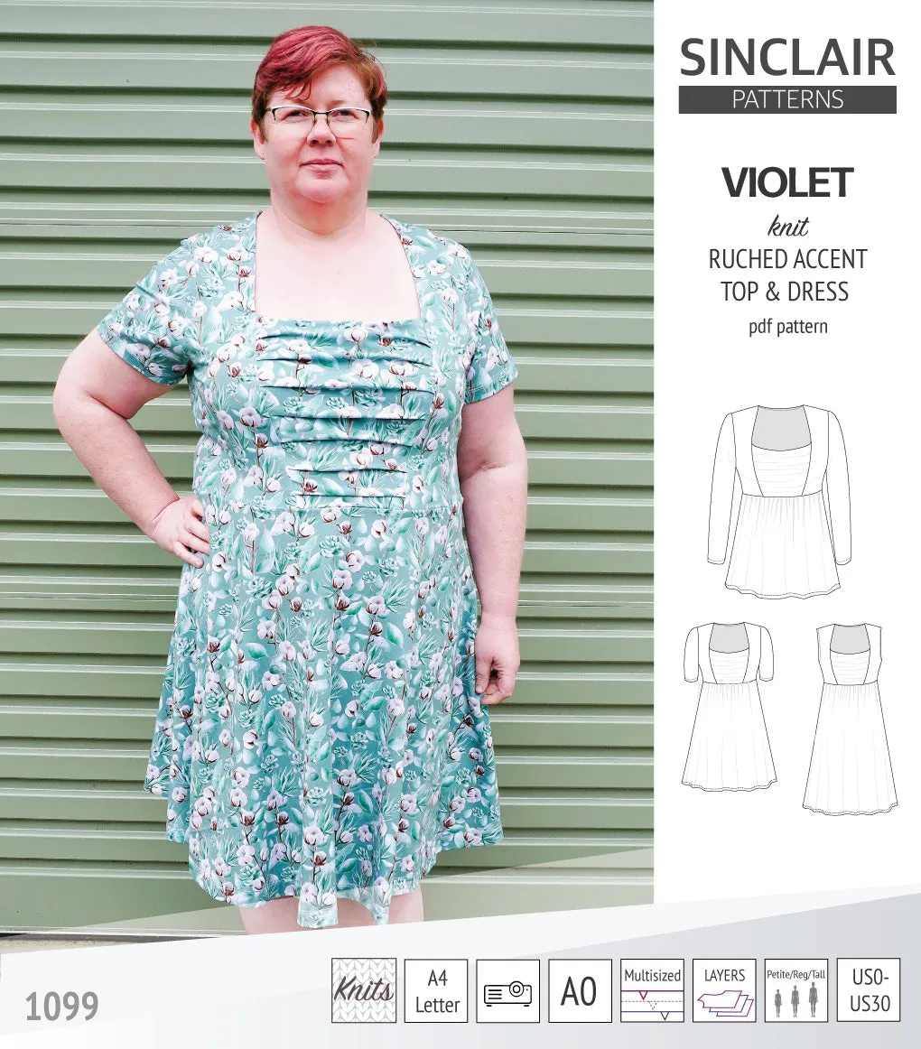 Violet ruched front accent top, tunic and dress for knit fabrics (PDF)