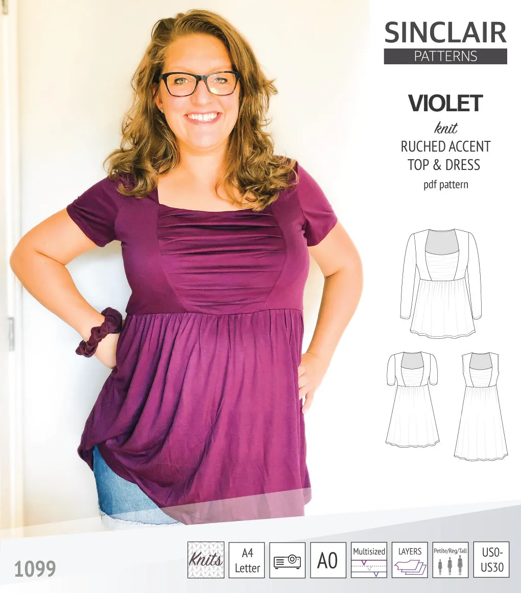 Violet ruched front accent top, tunic and dress for knit fabrics (PDF)