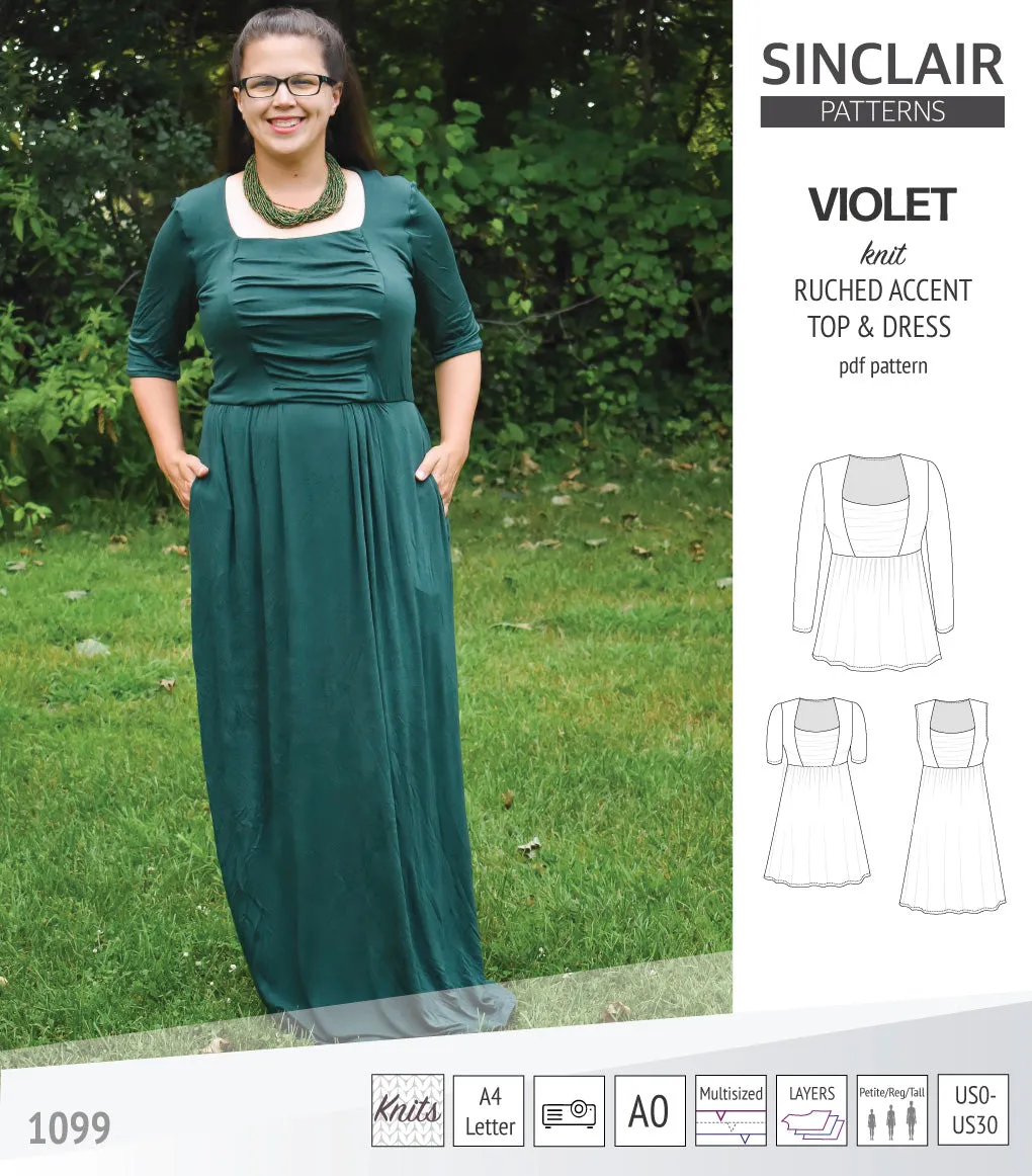 Violet ruched front accent top, tunic and dress for knit fabrics (PDF)