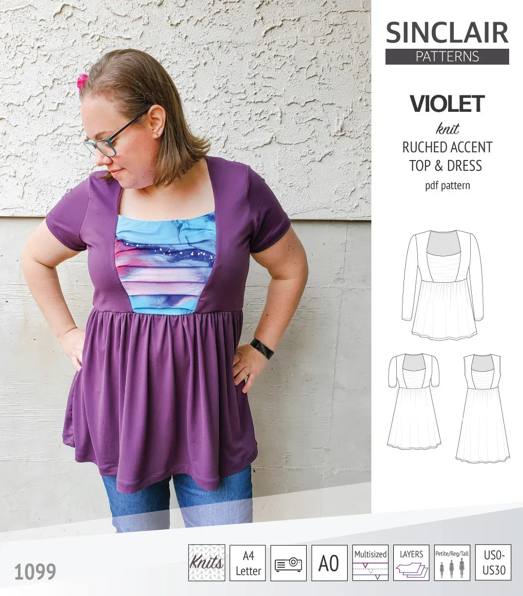 Violet ruched front accent top, tunic and dress for knit fabrics (PDF)