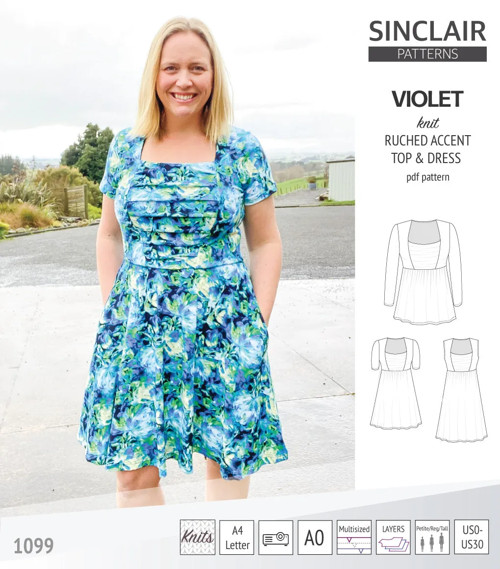 Violet ruched front accent top, tunic and dress for knit fabrics (PDF)