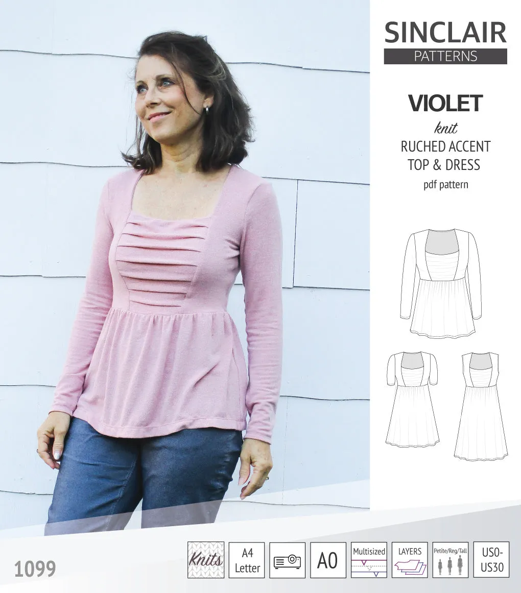 Violet ruched front accent top, tunic and dress for knit fabrics (PDF)