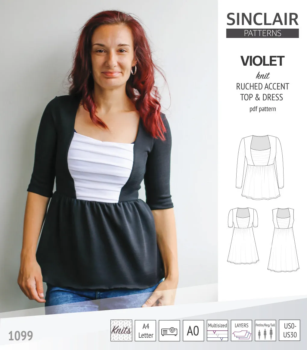 Violet ruched front accent top, tunic and dress for knit fabrics (PDF)