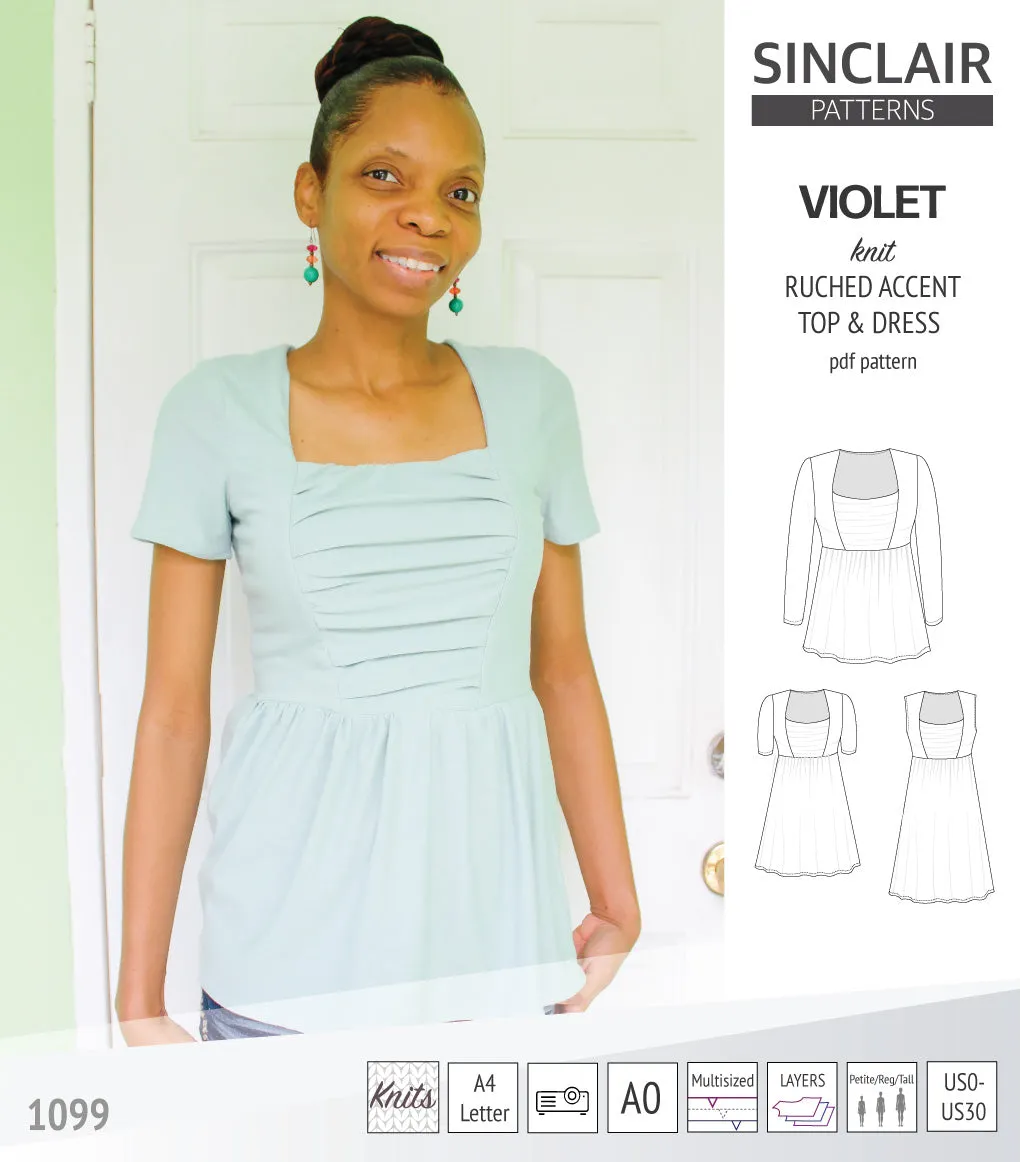 Violet ruched front accent top, tunic and dress for knit fabrics (PDF)