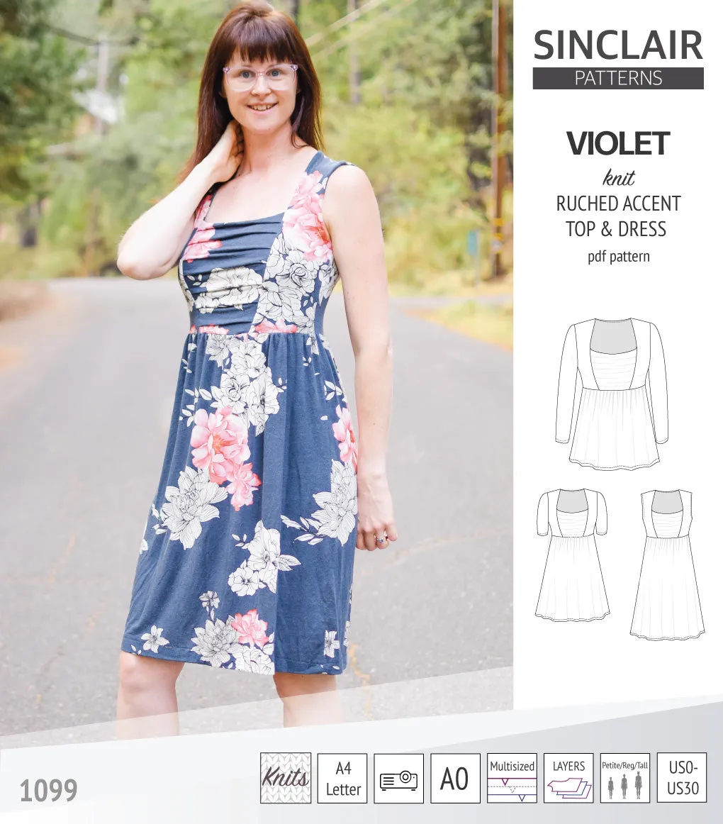 Violet ruched front accent top, tunic and dress for knit fabrics (PDF)
