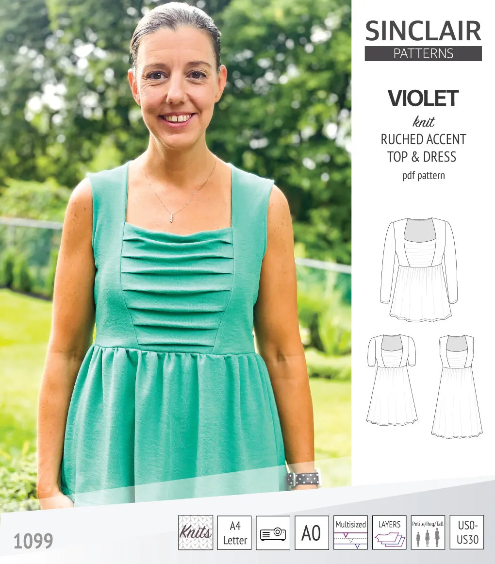 Violet ruched front accent top, tunic and dress for knit fabrics (PDF)