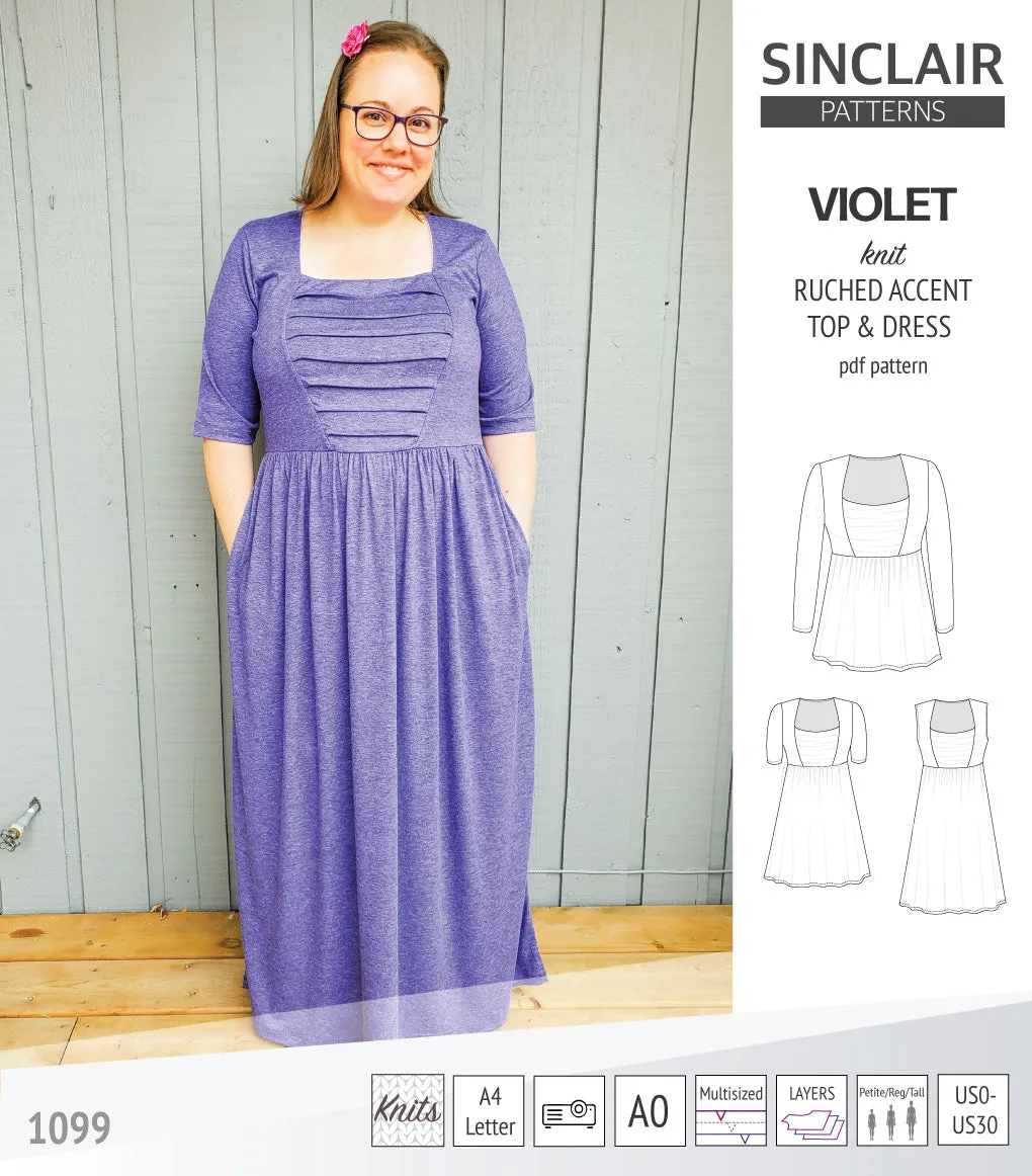 Violet ruched front accent top, tunic and dress for knit fabrics (PDF)
