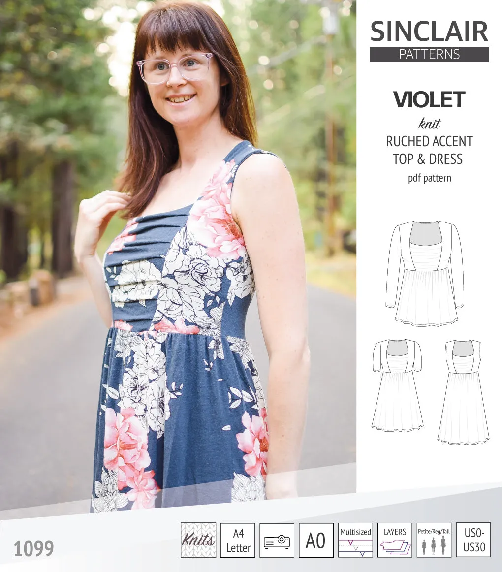 Violet ruched front accent top, tunic and dress for knit fabrics (PDF)