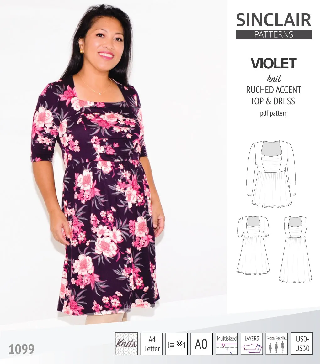 Violet ruched front accent top, tunic and dress for knit fabrics (PDF)
