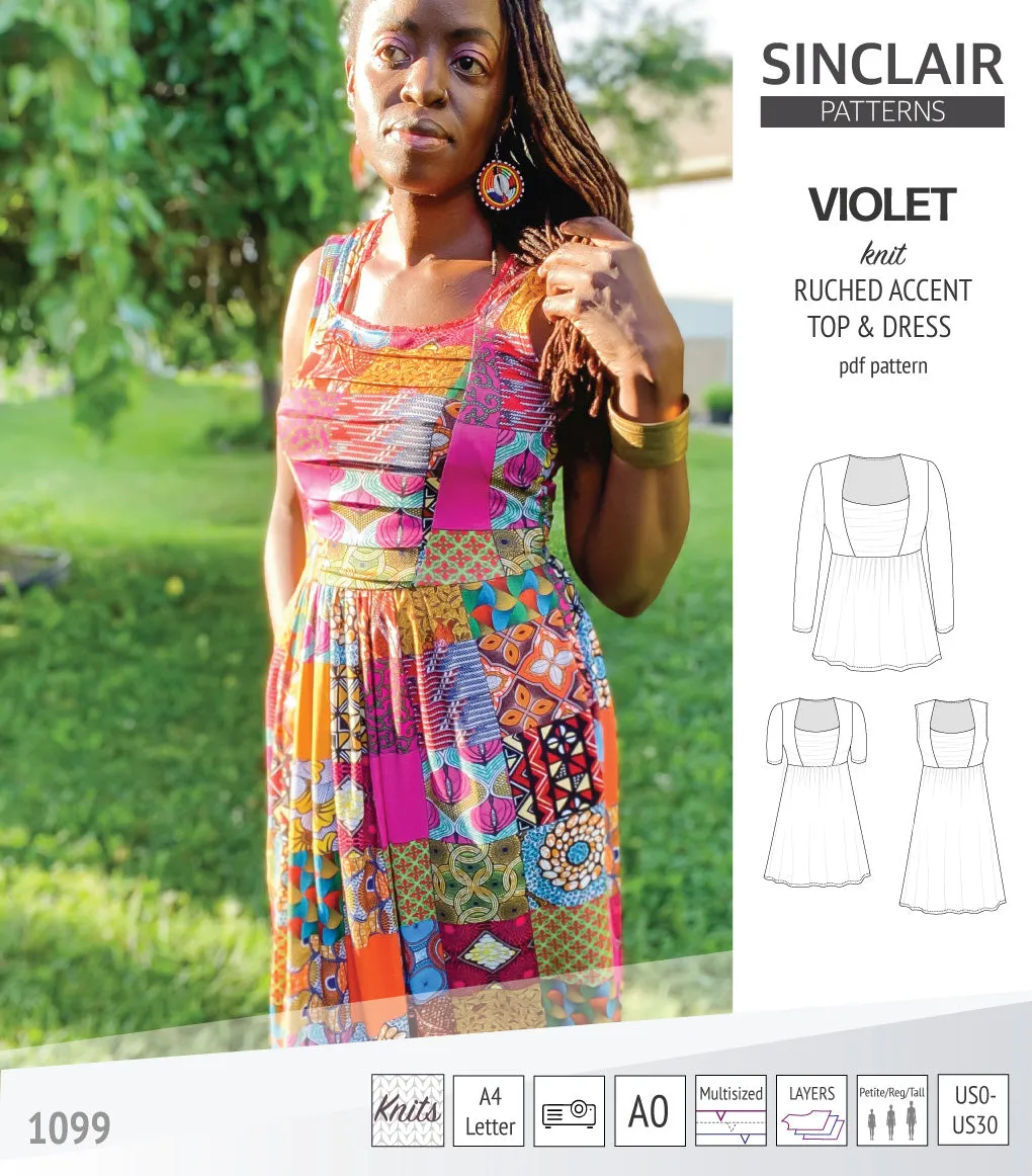 Violet ruched front accent top, tunic and dress for knit fabrics (PDF)