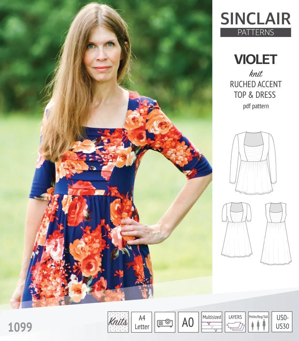 Violet ruched front accent top, tunic and dress for knit fabrics (PDF)
