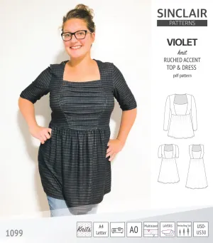 Violet ruched front accent top, tunic and dress for knit fabrics (PDF)